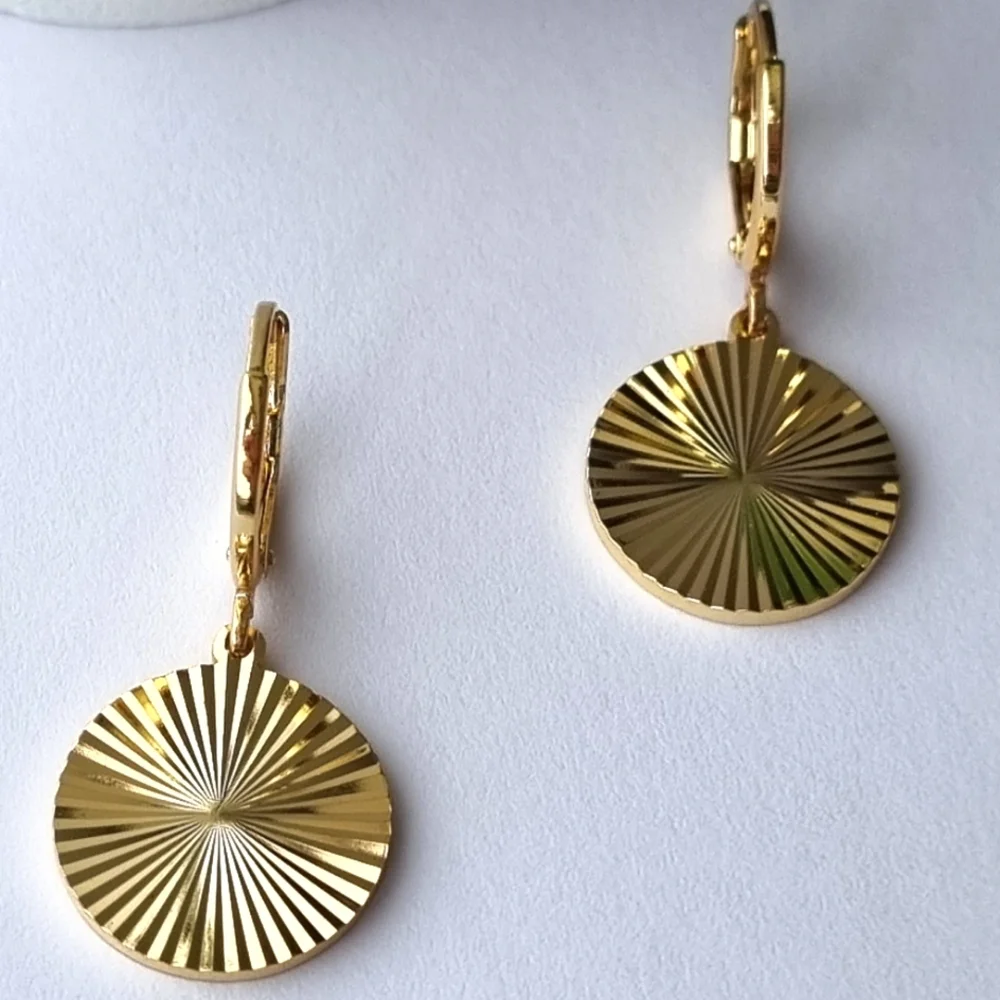 Earrings | Gold Toned | Round, Textured Sunburst | Huggies Hoop Drop Style. ๐ - Picture 10 of 16